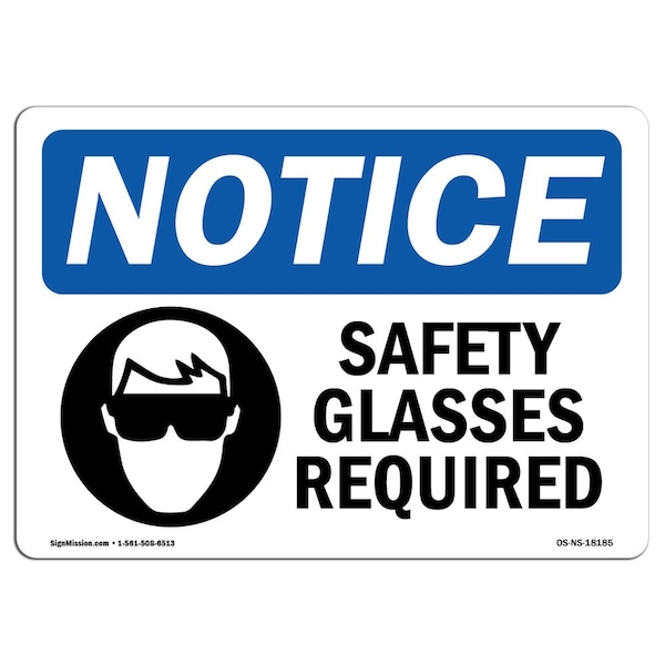 OSHA, Glasses Required, 18in X 12in Rigid Plastic, 18" W, 12" H, Landscape, OS-NS-P-1218-L-18185